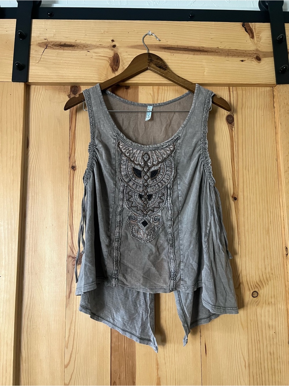 Free People Taupe Embroidered Fringe Tank